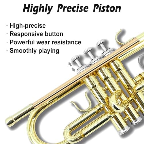 WUQIMUSC Bb Trumpet for Beginners, Standard B Flat Trumpet with 7C Mouthpiece, Hard Case, Gloves & Cleaning Cloth, Student Brass Instrument (Golden) thumbnail 4