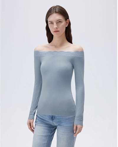SUUKSESS Cloud Cashmere Women Lace Off Shoulder Long Sleeve Shirt Basic Knit Top thumbnail 3