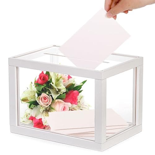 yarlung Clear Acrylic Wedding Card Box, White Wooden Card Box for Party Reception, Thick Money Box Gift Card Keepsake Holder for Election Ballot, Baby Shower Birthday Graduation - Image 1