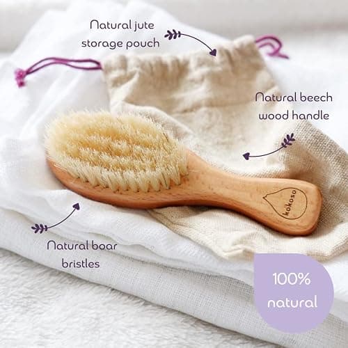 Kokoso Baby - Wooden Brush, Natural Baby Hair Brush - Made with 100% Natural Boar Bristle, for Babies & Toddlers - Gentle on Delicate Hair - Comes with a Jute Bag, Plastic Free thumbnail 3
