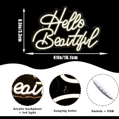 LooKLight Hello Beautiul Neon Sign,Warm White Neon Light Sign,Letters Wedding Neon Signs for Wall Decor,USB Powered Led Light Up Signs For Wedding Party Bedroom Birthday Beauty Salon thumbnail 2