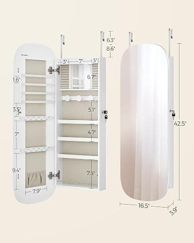SONGMICS Jewelry Organizer, LED Jewelry Cabinet Wall/Door Mounted, Lockable Rounded Wide Mirror with Storage, Interior Mirror, 3.9 x 16.5 x 42.5 Inches, White Surface with Greige Lining - White + Greige thumbnail 3