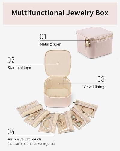 Vlando Gifts for Teachers,Jewelry Box with 6 Velvet Jewelry Bags Travel Jewelry Storage for Women Girl Jewelry Organizer Necklace Rings Earrings Bags Gifts for Women(Pink) thumbnail 5