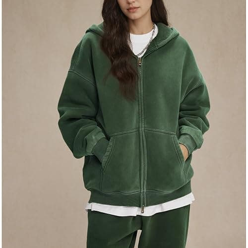 Talakeno Womens Double Zip Up Hoodies Oversized Heavyweight Fleece Sweatshirt Acid Wash Hoodie Vintage Distress Cotton Jacket thumbnail 7