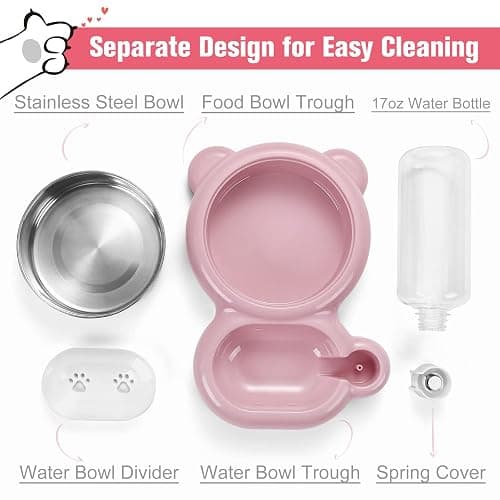 Dog Bowls, Cat Food and Water Bowl Set with Water Dispenser and Stainless Steel Bowl for Cats and Small Dogs - Pink thumbnail 3