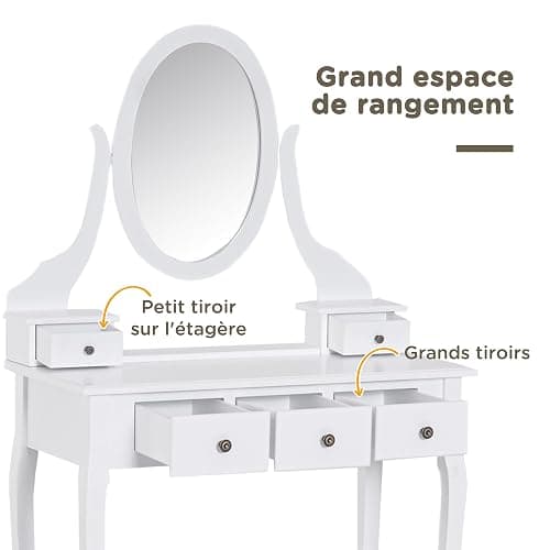 HOMCOM Coiffeuse avec Miroir et Tabouret 5 tiroirs Table de Maquillage avec Pieds en Bois de pin Massif 80 x 40 x 140cm Blanc thumbnail 4