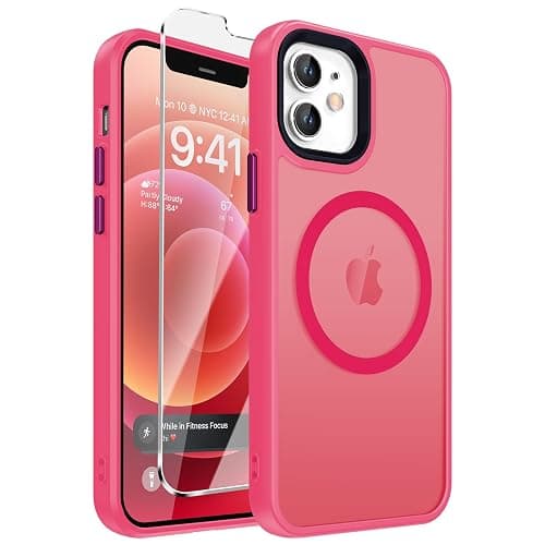 DEERLAMN Magnetic Matte Case for iPhone 12/12 Pro with Screen Protector, [Compatible with MagSafe][Military Grade Drop Protection] Slim Translucent Shockproof Protective Phone Cover, Hot Pink - Image 1