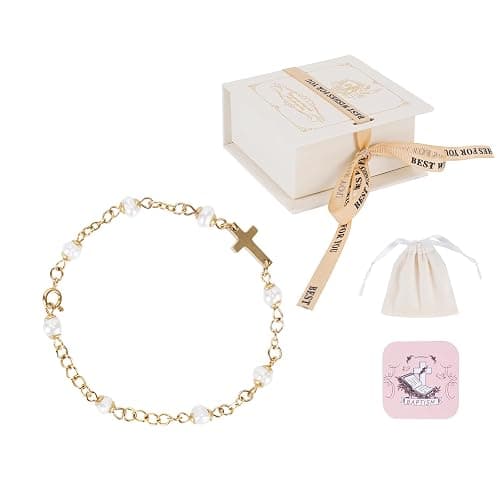 Cafzed Baby Baptism Bracelet with Cross - Baptism Gifts for Girl, Baby Gift for Infant Boys, Toddler Gift Set with Pearl and Poem Card, Christening and Baby Dedication Gifts for Girls with Gift Box - Image 1