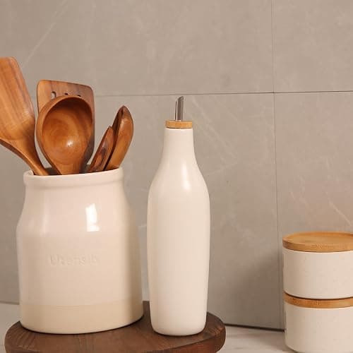 HOMCDALY Ceramic Olive Oil Dispenser for Kitchen, Stoneware 16oz Oil and Vinegar Bottles Dispenser, Kitchen Dispenser Bottle for EVOO Vinegar Syrups, Modern Farmhouse Design(W) thumbnail 6