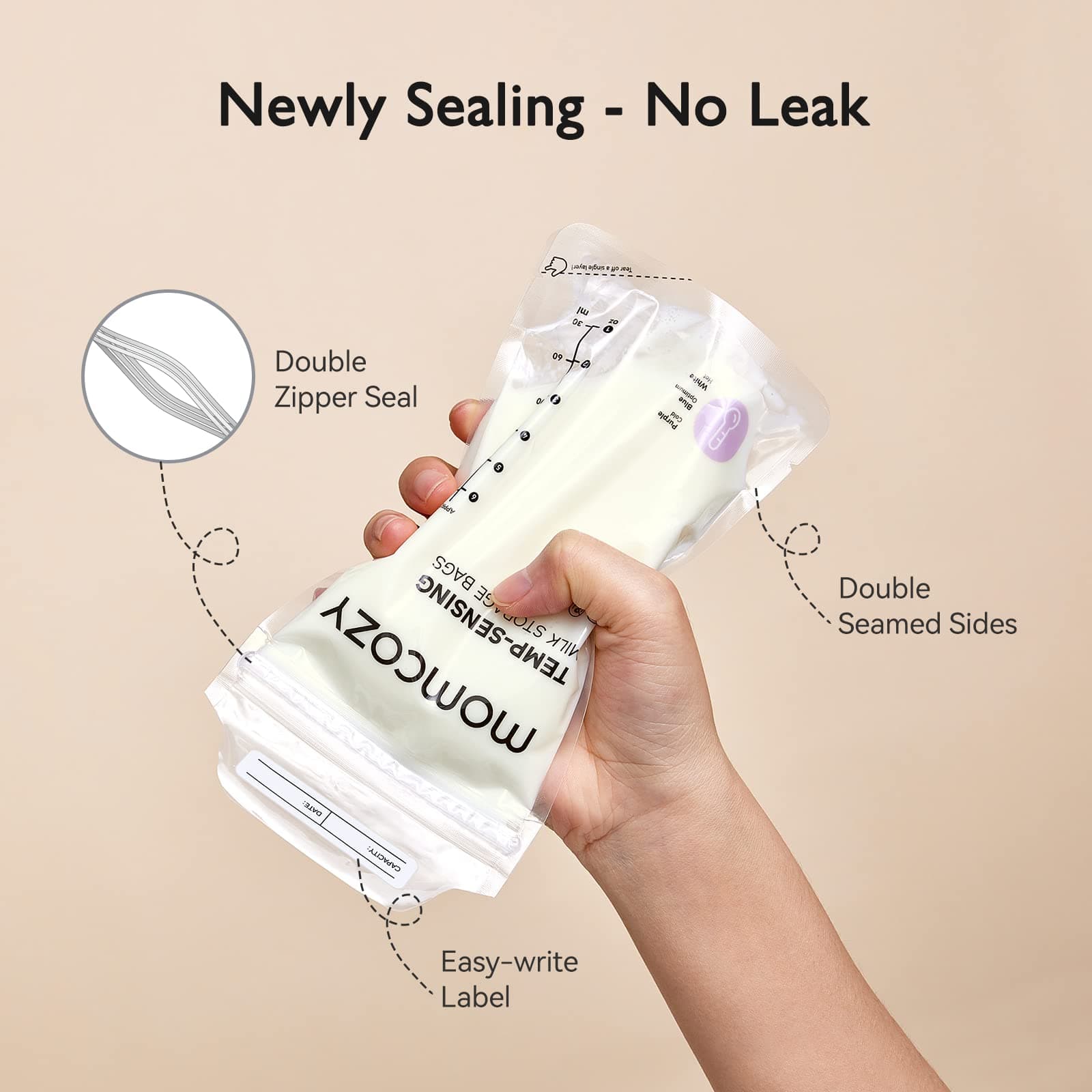 Momcozy Breastmilk Storage Bags 200pcs, Temp-Sensing Discoloration Milk Storing Bags for Breastfeeding, Disposable Milk Storage Bag with 6oz Self Standing, No-Leak Milk Freezer Storage Pouches thumbnail 3
