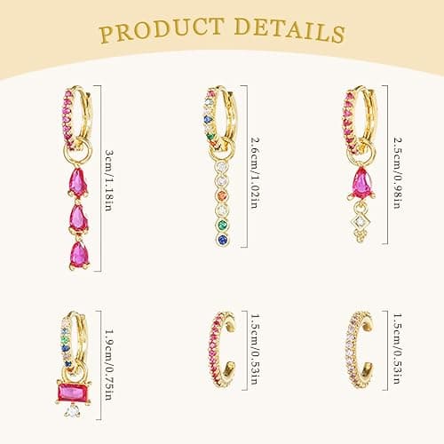 6pcs Gold Hoop Earring Stacks For Women Dainty Colorful Cubic Zirconia Huggie Earrings 18k Gold Hoop Earrings Cartilage Stud Earring Sets For Multiple Piercing thumbnail 7