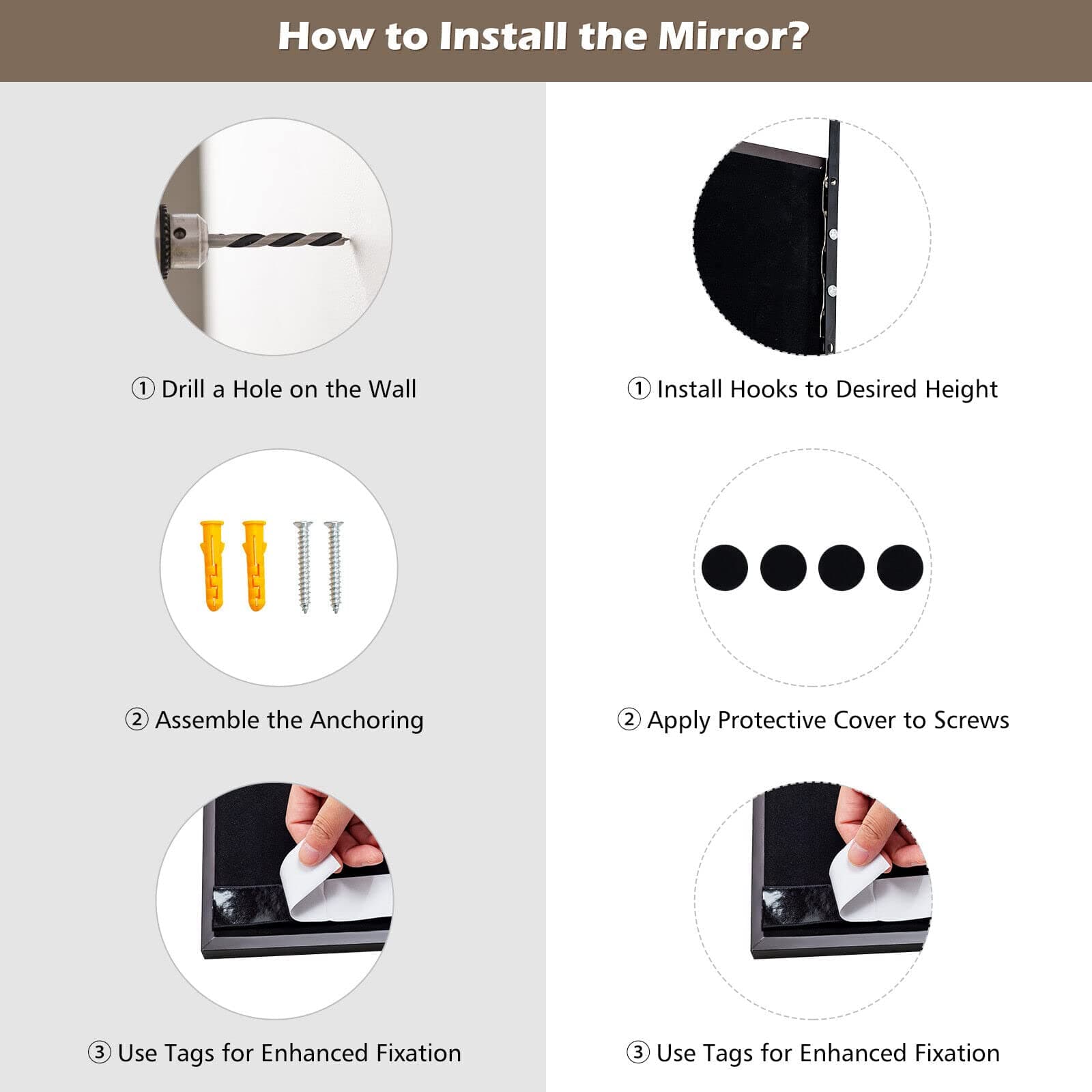 Giantex Full Length Mirror for Wall, Iron Thin Frame, Over The Door Mirror with 2 Sets of Height Adjusting Hanging Hooks for Bedroom, Bathroom, Dorm, Entryway, Easy Assembly, Coffee thumbnail 6