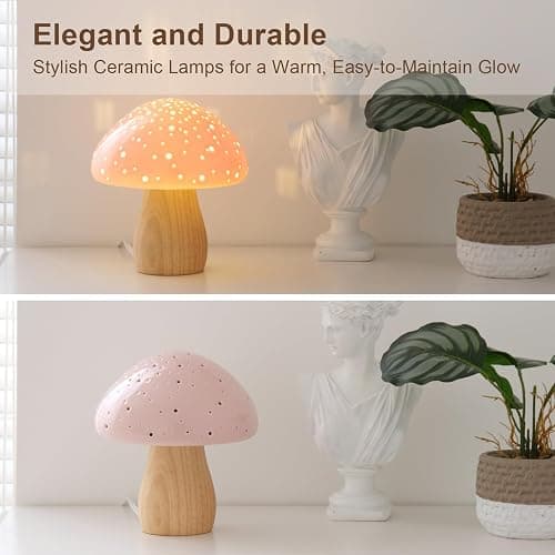 BOHON Mushroom Lamp, Ceramic Bedside Table Lamp for Bedroom Nightstand, Vintage Cute Night Light, Small Lamp for Living Room Kids Desk Home Decor Girls, LED Bulb Included, Pink thumbnail 2