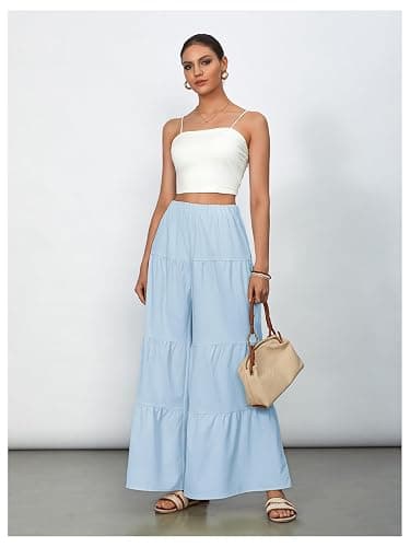 WDIRARA Women's Flowy Boho Elastic High Waist Ruffle Hem Wide Leg Beach Loose Palazzo Pants thumbnail 5