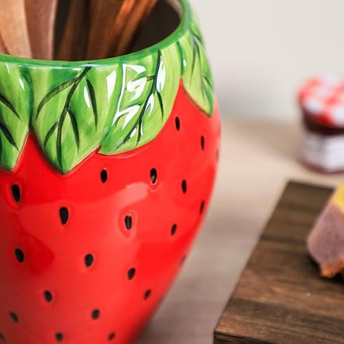 Bicuzat Strawberry Shaped Ceramic Kitchen Utensil Holder, Large Cooking Utensil Crocks for Kitchen Countertop, Ceramic Utensil Organizer for Spatula, Kitchen, Home Decoration-Retro Red thumbnail 8