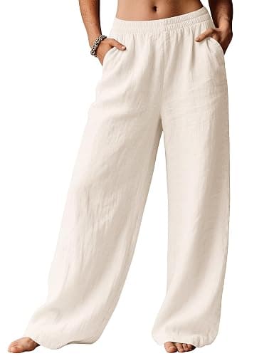LOMON Linen Pants Women Wide Leg Palazzo Summer Flowy Pants Beach Vacation Clothes Elastic Waist Travel Trousers with Pockets thumbnail 2