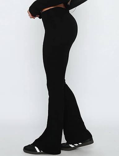 Women Flare Skinny Leggings Fold Over Pants Bootcut Bell Bottom Yoga Pants | Low Rise Foldover Flared Leggings Wide Leg Flare Sweatpants Joggers Casual Leisure Stretchy Flared Pant Y2K Going Out Bottoms thumbnail 5
