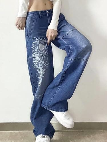 Xineicy Women's Low Rise Heart Pattern Baggy Jeans Washed Wide Leg Denim Cargo Pants thumbnail 7