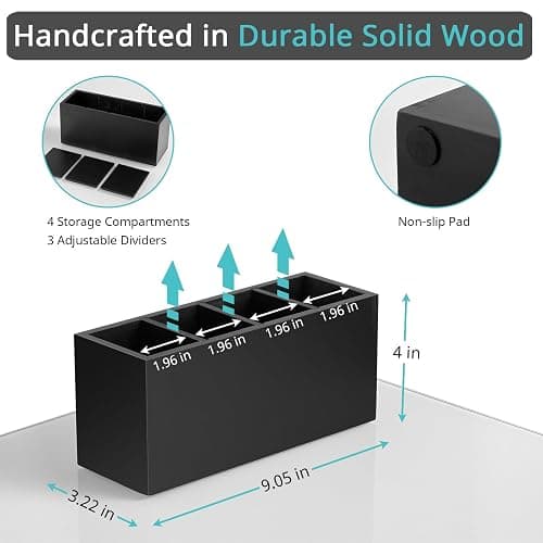Bivvclaz Pencil Pen Holder for Desk, Wooden Office Desk Organizers and Accessories with 4 Slots for Countertop, Makeup Brush Holder Organizer for Bathroom Vanity, Silverware Caddy for Party, Black thumbnail 3