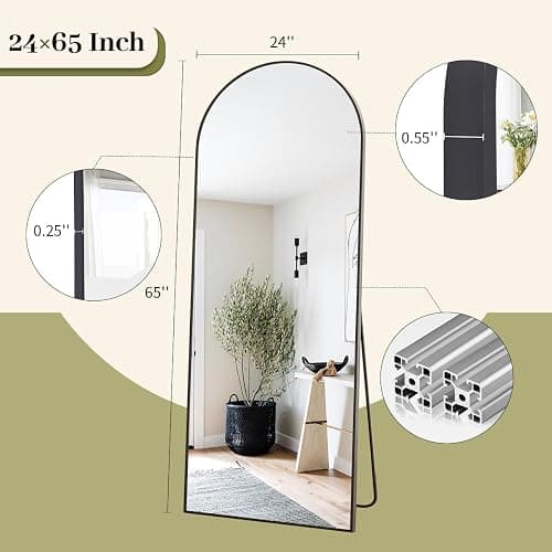 BEAUTYPEAK 65"x24" Full Length Mirror, Arch Full Body Floor Mirror, Wall Mirrors Hanging or Leaning Arched-Top with Stand for Bedroom, Dressing Room, Black thumbnail 2