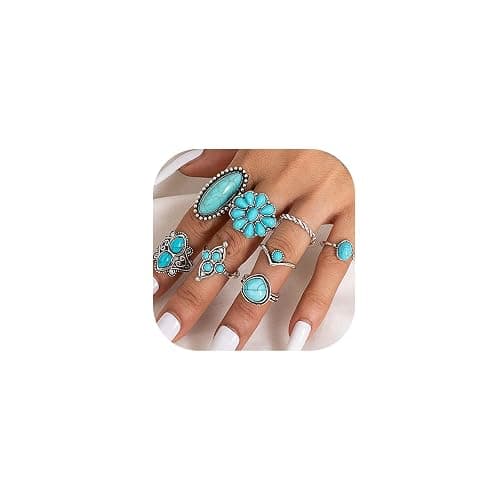 Bohemian Turquoise Ring Set for Women,Vintage Western Rings Chunky Turquoise Opal Stackable Knuckle Ring Set Punk Midi Finger Ring Pack Boho - Image 1