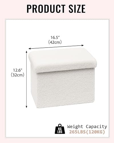 ZOLANOful Small Ottoman with Storage, Sherpa Storage Ottoman Cube, Boucle Folding Foot Rest for Dorm, Living Room, Bedroom, White, 16.5"x12.6"x12.6" thumbnail 3