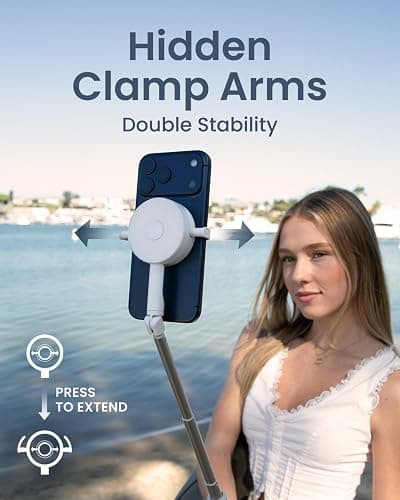 KraftGeek 67" Dual-Sided Magnetic Phone Tripod for iPhone MagSafe, Auto-Open Selfie Stick Tripod with Remote, Hidden Clamp, Portable Cell Phone Tripod Stand for Travel & Content Creation(White) thumbnail 3