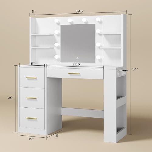 YITAHOME Vanity Desk with 22" Mirror, LED Lights and Power Outlet, Makeup Table with 4 Drawers, Adjustable 3 Lighting Colors, Vanity Table with Open Storage Shelves for Bedroom Dressing Room, White thumbnail 2