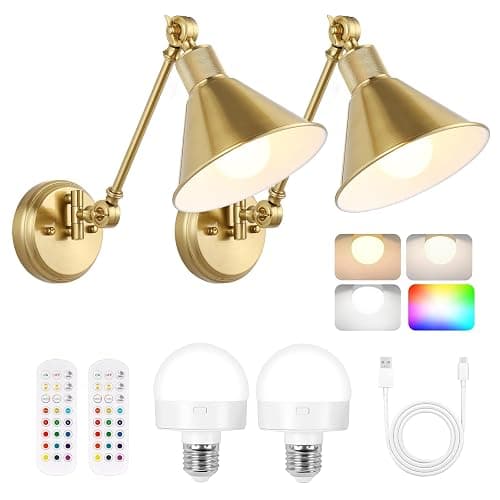TRLIFE Rechargeable Battery Operated Wall Sconces, Dimmable and Adjustable Color Temperature Wireless Wall Sconces Set of 2 with Remote Control, Gold Swing Arm Wall Light for Bedroom Bedside Hallway - Image 1