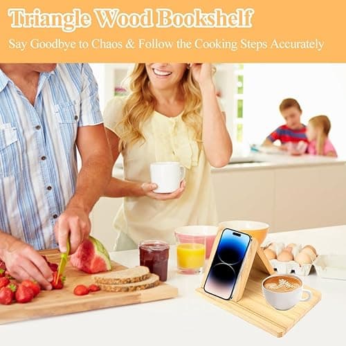 Gachiwar Triangle Book Holder, Wood Bookshelf Present for Mum, Wooden Book Stand for Bedside Desk Table Decor with Coffee Drink Holder for Book Lover thumbnail 3