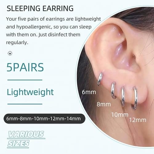 5 Pairs 14K Gold Plated Huggie Hoop Earrings for Women - Lightweight Minimalist Small Hoops, Hypoallergenic Nickel-free Lead-free, Non-Tarnish Everyday Jewelry for Sensitive Ears, Multiple Piercing Stack Set thumbnail 6