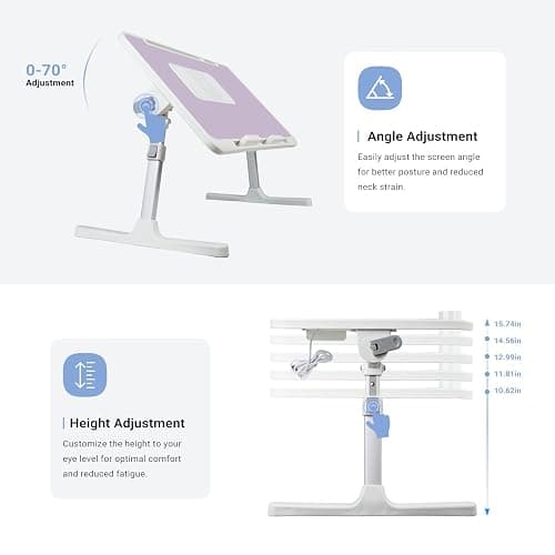 iXTRA Laptop Lap Desk Include Cooling Fan,Adjustable Lap Desk with Light Fan,Folding Laptop Desk for Bed with USB,Bed Desk with Storage Drawer 56x32cm,Purple thumbnail 3