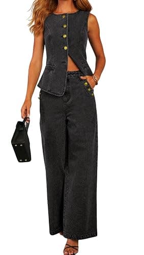 loveimgs Women 2 Piece Denim Set Button Sleeveless Jean Vest Denim Top Y2k Shirt Wide Leg Jeans Palazzo Pants Outfits - Image 1