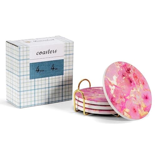 Lemonleaf Cute Pink Gold Drink Coasters Set of 4, 4 Inch Office Absorbent Desk Coasters with Holder thumbnail 7