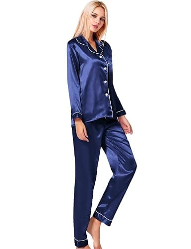 SWOMOG Womens Silk Satin Pajamas Set Long Sleeve Button Down Sleepwear 2 Piece Lounge Set Pj Set XS-3XL thumbnail 4