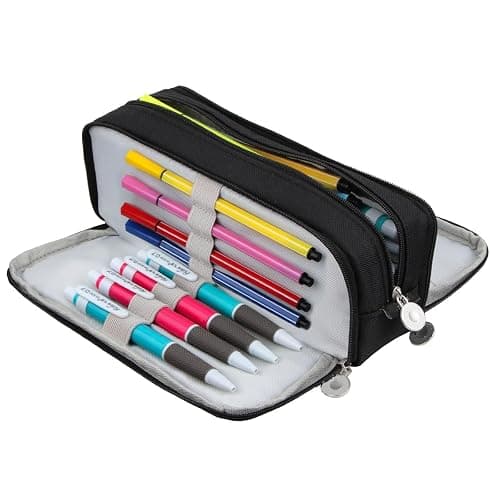 Chelory Large Capacity Pencil Case Big Pencil Bag Pouch 3 Compartment Pen Cases for Office Organizer High Storage Makeup Bag Men Women Adults, Black thumbnail 7
