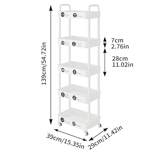 Laiensia 5-Tier Rolling Cart with Wheels,Multifunction Utility Storage Carts, Kitchen Storage Organizer,Mobile Shelving Unit for Bathroom,Laundry,with Classified Stickers,White thumbnail 3