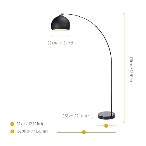 Teamson Home Standing Floor Lamp for Living Room, Arquer 170cm Tall Lamp, Bedroom Lighting, Living Room Accessories with Faux Black Marble Base and Black Bell Shade thumbnail 3