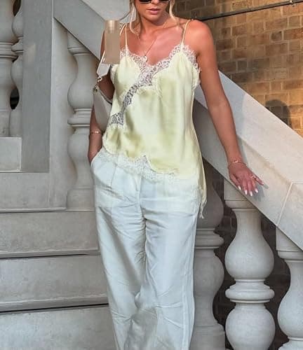 Women Satin Lace Cami Tops Y2k Asymmetrical Camisole Sexy Spaghetti Strap Side Slit Tank Top Trendy Going Out Tops thumbnail 4