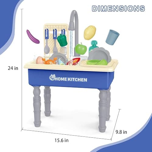 deAO Play Kitchen Toy Sink Toys with Cutting Food,Dishwasher Playing Toy with Running Water, Role Playing Game Pretend Food,44 PCS Kitchen Accessories Set for 3 4 5 Years Old Girls Boys Blue thumbnail 3