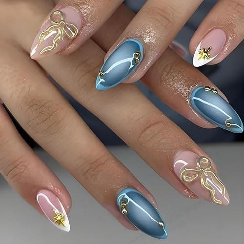 LPOODDNU 3D Gold Bow Star Press on Nails Almond - Medium Blue Fake Nails with French Tip Designs, Glossy Finished Reusable False Nails with Adhesive Glue Tabs - 24Pcs Nail Kit for Women Manicure thumbnail 2