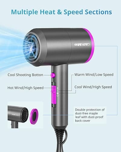 SHRATE Professional Ionic Hair Dryer with Diffuser & Nozzle | Low Noise | Compact Blow Dryer for Curly, Frizzy & All Hair Types | Gentle for Sensitive Hair | Design for Home, Travel, Women & Men thumbnail 7