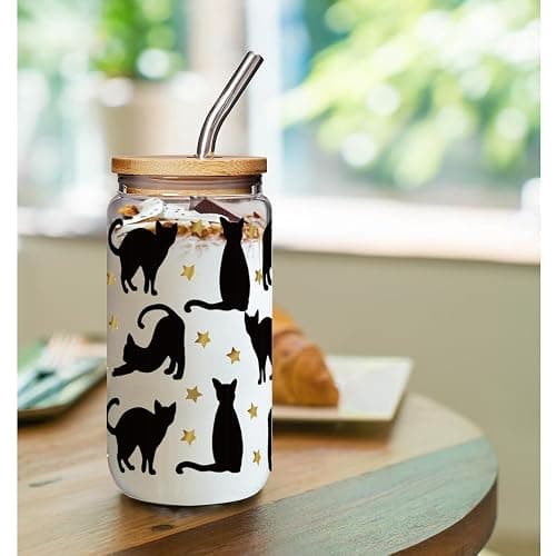 Enanaimg Black Cat 16oz Glass Cup With Lids and Straw Christmas Gifts for Cat Lovers Women Girls, Crazy Cats Lady Cup Gift for Friend Mom Mothers Day Bestie, Graduation Gifts for Friends thumbnail 7