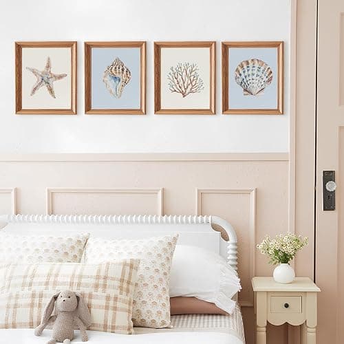 Wheatwin Coastal Beach Wall Art Decor, Nautical Coastal Ocean Beachy Wall Decorations for Bathroom Bedroom, Starfish Coral Seashell Prints 8x10 Unframed 4Pcs thumbnail 6