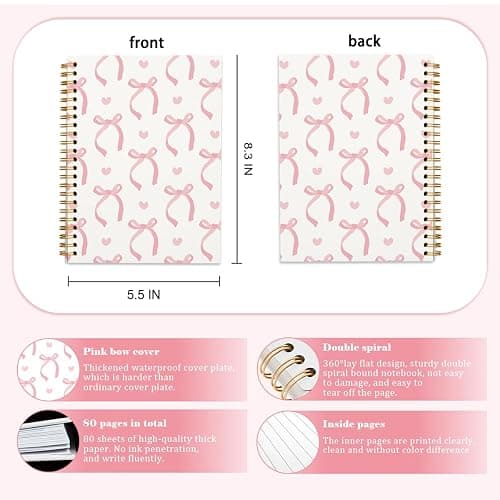 QUICQOD Journal for Teen Girls, Cute School Supplies for Girls Pink Bow Preppy Notebook Diary Stuff Stationary Hardcover Spiral Notebook 5.5x8.3 Inch thumbnail 7