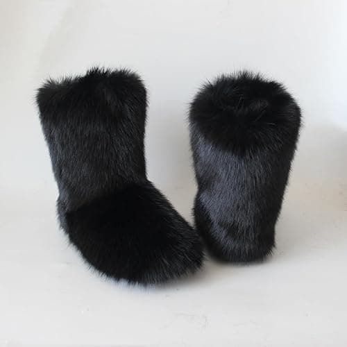 QMFUR Women's Furry Faux Fur Boots Fuzzy Fluffy Mid Calf Snow Boots Suede Warm Fur Lined Booties Flat Fashion Boots thumbnail 6