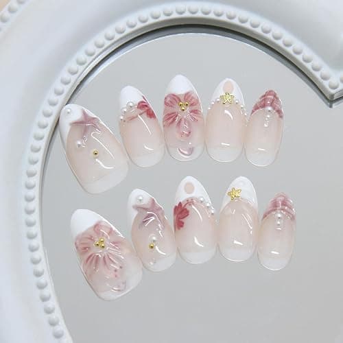 24Pcs White French Tip Press on Nails Medium Almond Hibiscus Fake Nails Beach False Nails 3D Flower Starfish Pearl Gems Designs Full Cover Summer Stick on Nails for Women Acrylic Nail Decorations thumbnail 5