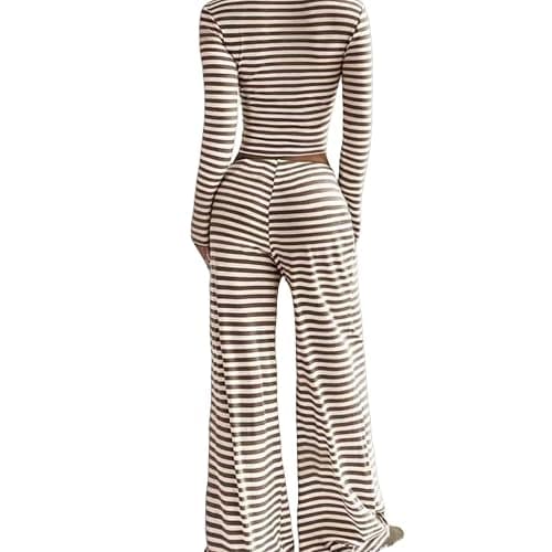 Nkgra Womens Striped 2 Piece Outfits Casual Square Neck Cropped Top Drawstring Wide Leg Pants Matching Pajamas Set thumbnail 2