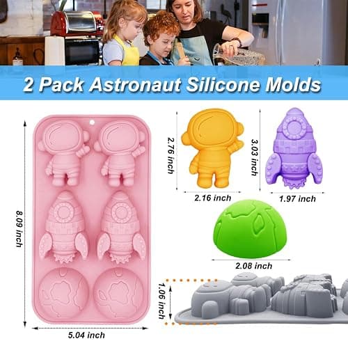 2 Pack Astronaut Silicone Molds 6 Cavity 3D Space Themed Rocket Plaster Molds for Kids, Earth Baking Mould Tray DIY Tool for Chocolate Cupcake Topper Mousse Pastry Soap Crayons Plaster Casting thumbnail 3