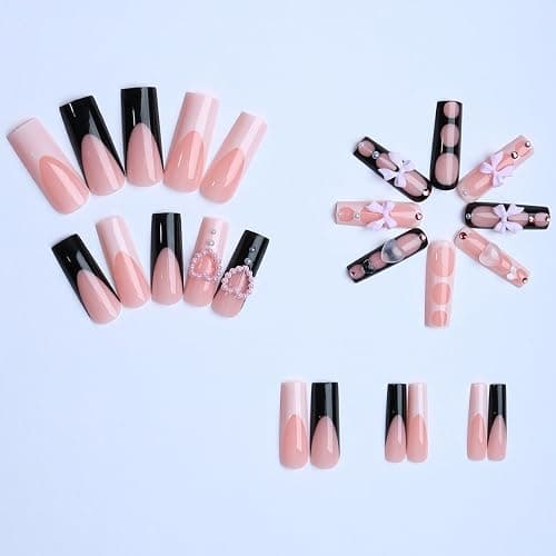 plalely Square Press on Nails Long Black and White Fake Nail Pink Bow with Heart Shape Water Drop Acrylic Nail Press ons Glossy Rhinestones Stick on Nail for Women 24pcs thumbnail 5